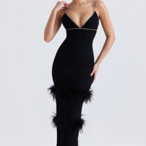 Black Camisole Dress With Feather Trims