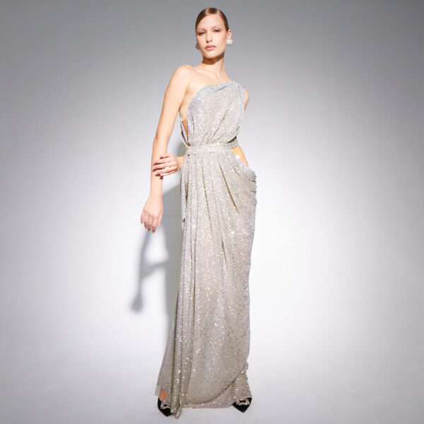 Silver Sequin One Shoulder Maxi Dress