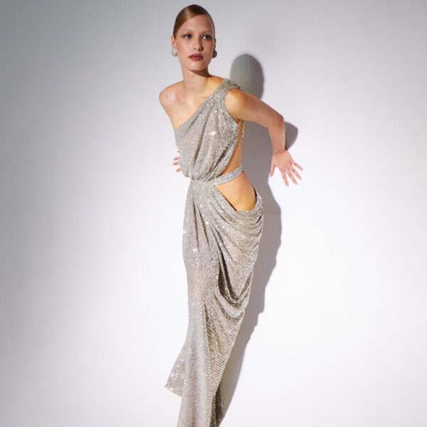 Silver Sequin One Shoulder Maxi Dress