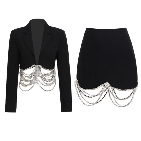 Rhinestone Chain Stitching Blazer Skirt Suit