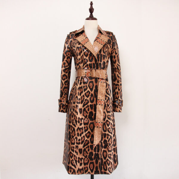 Leather Animal Print Long Trench Coat